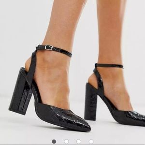 ASOS Truffle Collection pointed strappy block heel in black croc